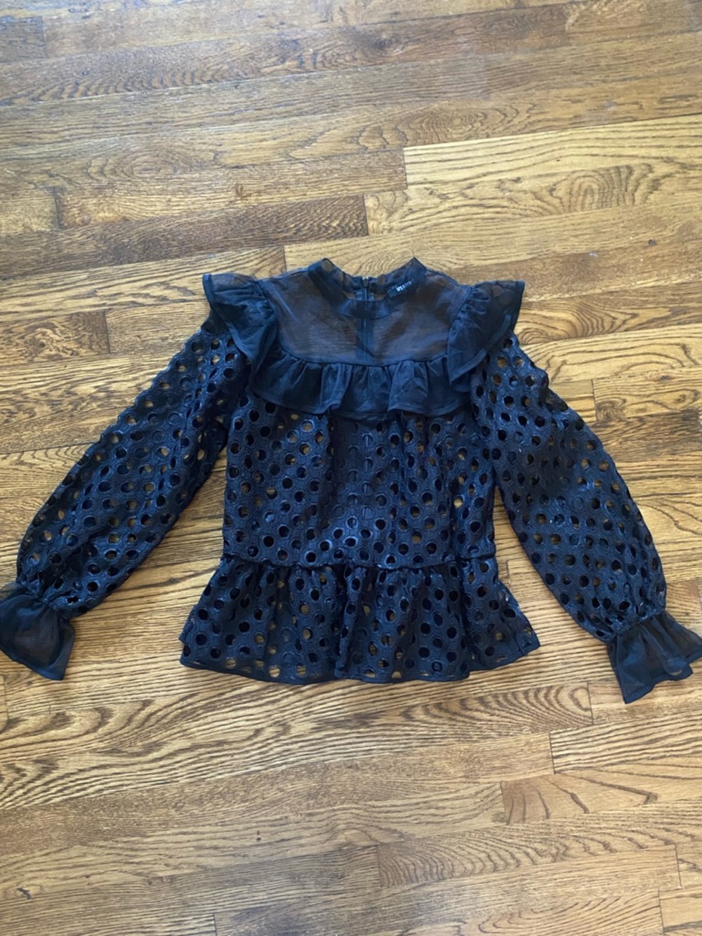 Sheer Eyelet Ruffle Peplum Blouse - Black